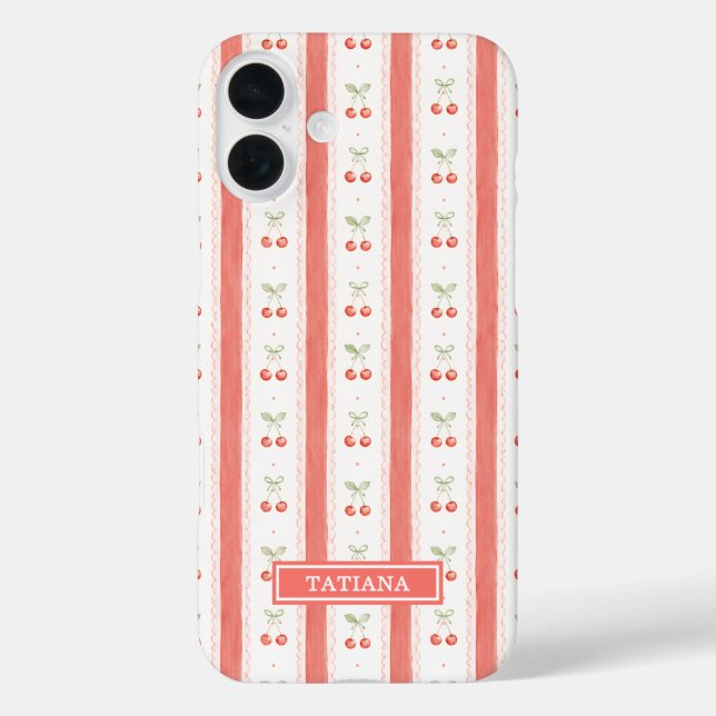 Striped Watercolor Cherries Monogrammed Case-Mate iPhone Case (Back)