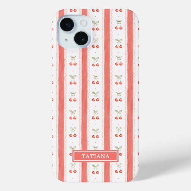 Striped Watercolor Cherries Monogrammed Case-Mate iPhone Case (Back)