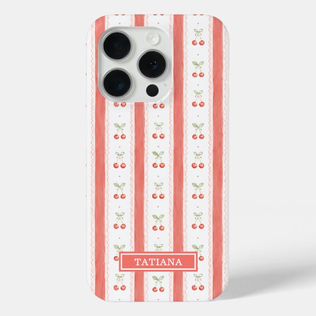Striped Watercolor Cherries Monogrammed Case-Mate iPhone Case (Back)