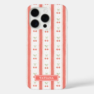 Striped Watercolor Cherries Monogrammed iPhone 16 Pro Case