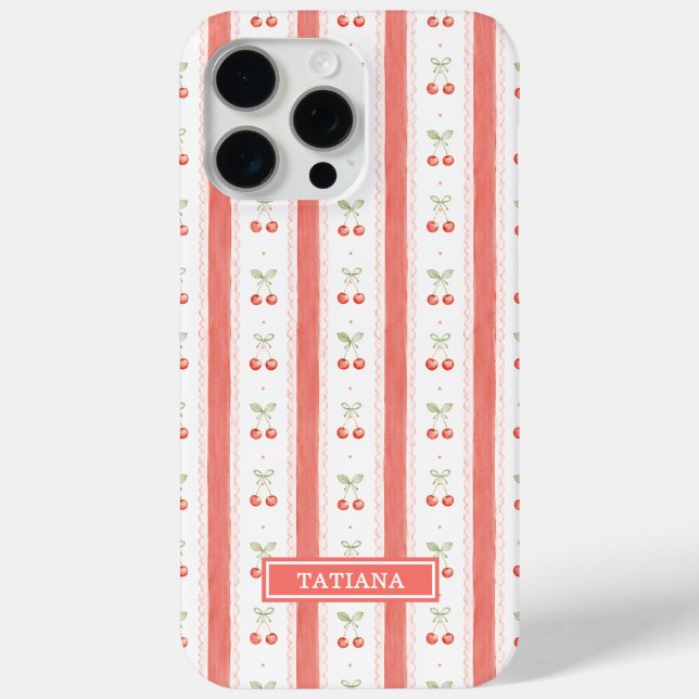 Striped Watercolor Cherries Monogrammed Case-Mate iPhone Case (Back)