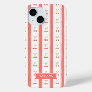Striped Watercolor Cherries Monogrammed iPhone 15 Case