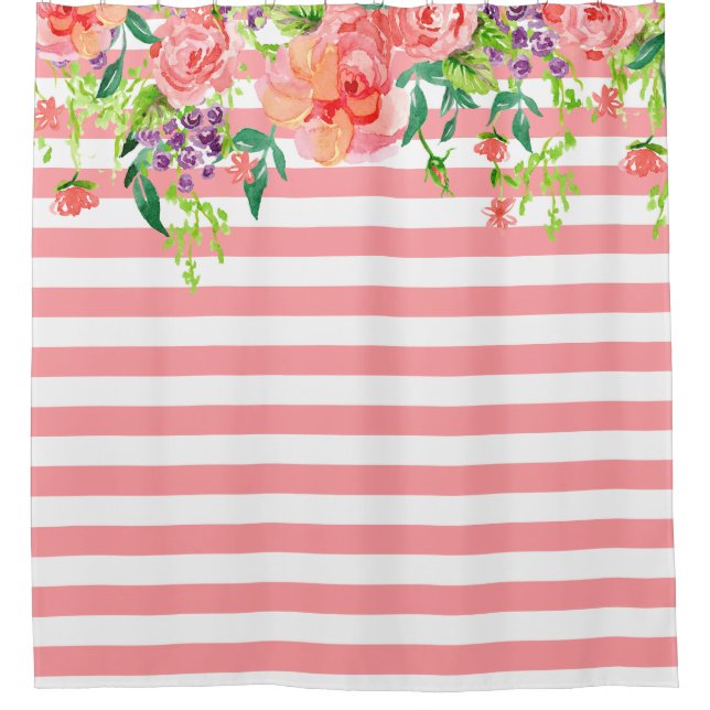 Striped Watercolor Floral Roses Lavender Purple Shower Curtain (Front)