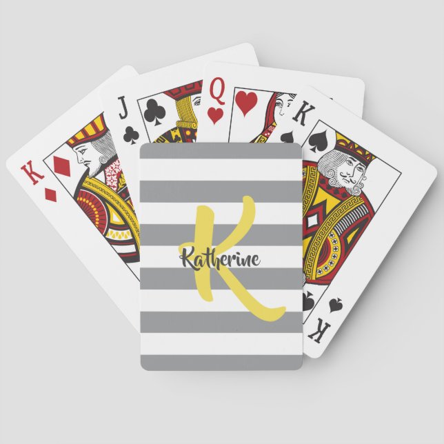 Striped White Grey and Yellow Monogram Playing Cards (Back)