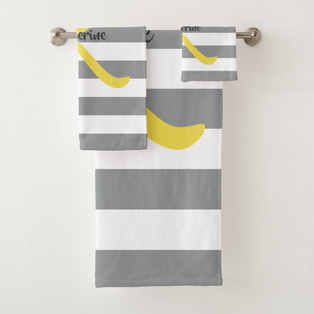 Striped White Grey and Yellow Personalised Bath Towel Set (Insitu)