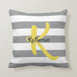 Striped White Grey and Yellow Personalised Cushion
