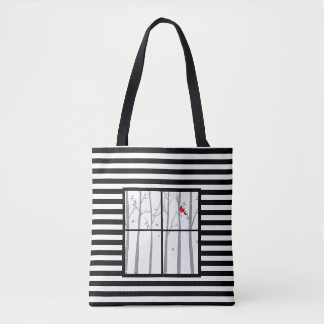 Striped Winter Window Scene Tote Bag (Front)