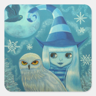 Striped Winter Witch with Snowy Owl Friend Square Sticker