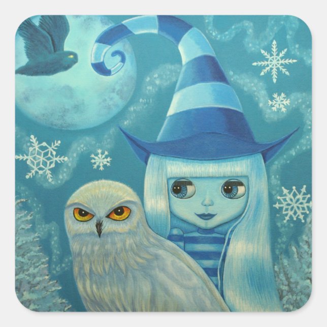 Striped Winter Witch with Snowy Owl Friend Square Sticker (Front)