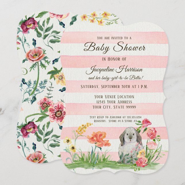 Striped Woodland Lop Ear Rabbit Girl Baby Shower Invitation (Front/Back)