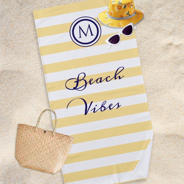 Striped Yellow and White Coastal Beach Vibes Towel (A beach towel with nautical yellow and white stripes, monogram, and 'Beach Vibes' in stylish script)