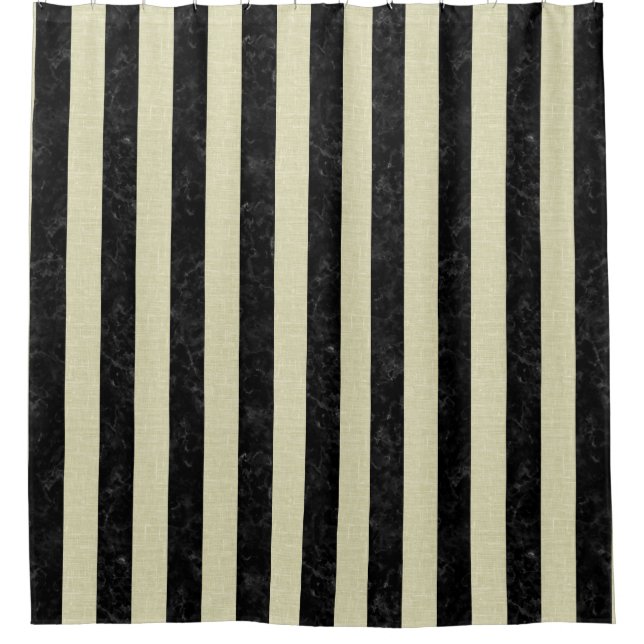 STRIPES1 BLACK MARBLE & BEIGE LINEN SHOWER CURTAIN (Front)