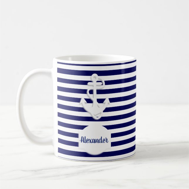 Stripes & Anchor Monogram Custom Coffee Mug (Left)