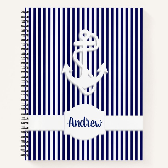 Stripes & Anchor Monogram or Name Custom Notebook (Front)