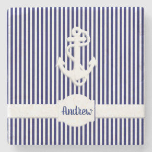 Stripes & Anchor Monogram or Name Custom Stone Coaster