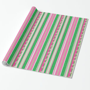Stripes and Abstract Planets, Rose Pink and Green Wrapping Paper