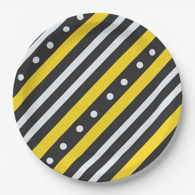 Stripes and bubbles yellow black paper plate (Front)
