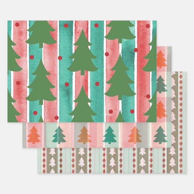 Stripes And Christmas Trees Patterns Wrapping Paper Sheet (Set)