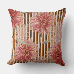 Stripes and Dahlia Flowers Rust, Brown, Coral Cushion