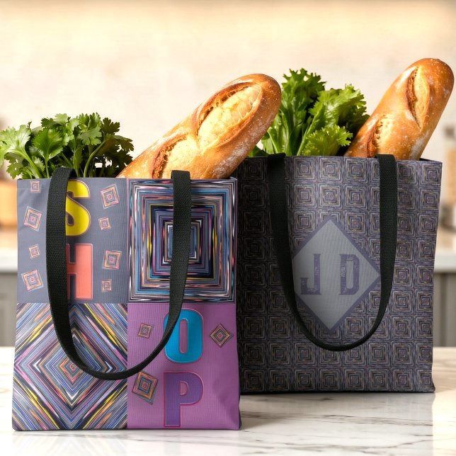 Stripes And Diamonds Colourful Monogram Tote Bag (Shopping but make it wacky. Bright illustrated patterns, bold colors, and your initials. )