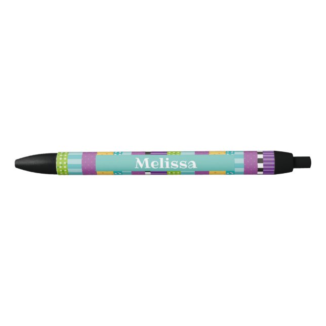 Stripes and Dots Personalised Black Ink Pen (Front)