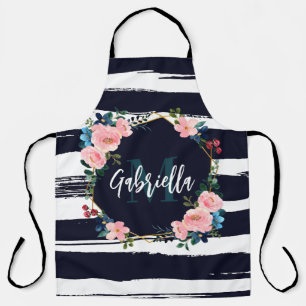Stripes And Floral Frame Monogram Apron
