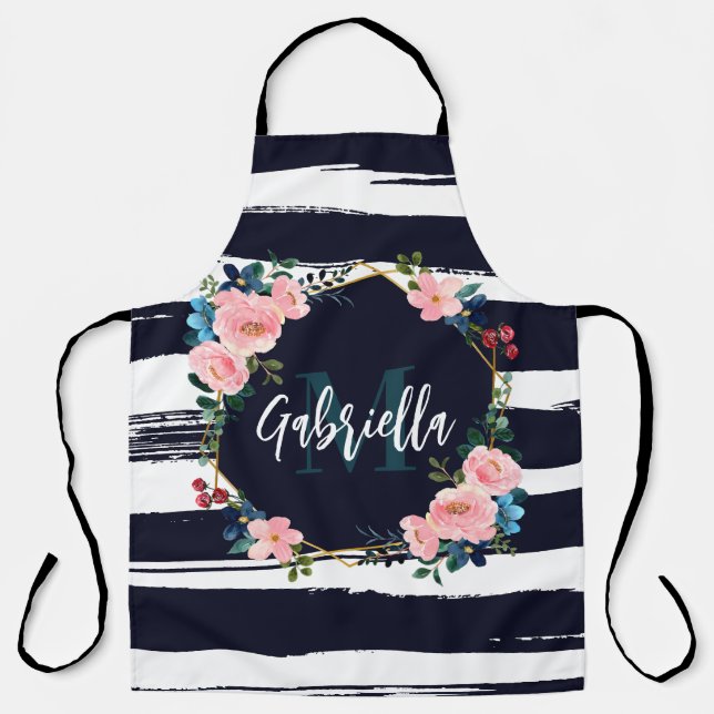 Stripes And Floral Frame Monogram Apron (Front)
