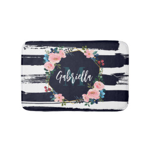 Stripes And Floral Frame Monogram Bath Mat