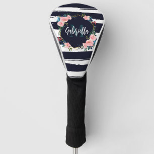 Stripes And Floral Frame Monogram Golf Head Cover