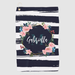 Stripes And Floral Frame Monogram Golf Towel