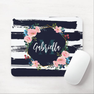 Stripes And Floral Frame Monogram Mouse Mat