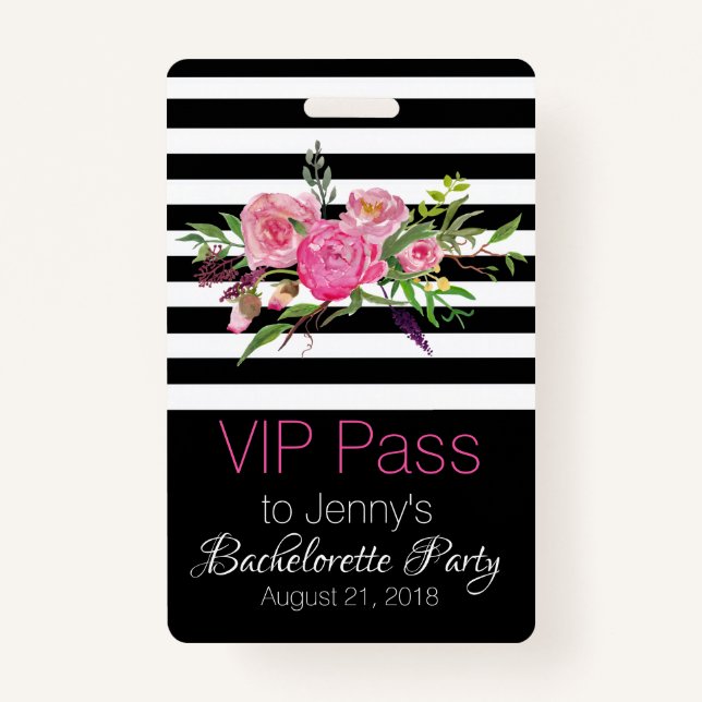 Stripes and Flowers Chic Bachelorette Party Badge ID Badge (Front)
