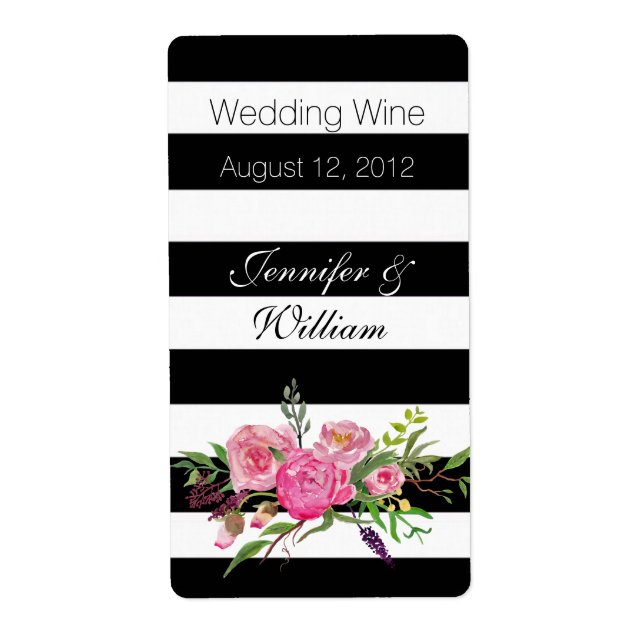 Stripes and Flowers Wedding Mini Wine Label (Front)