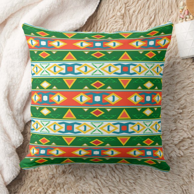 Stripes and geometric shapes green orange white  cushion (Blanket)