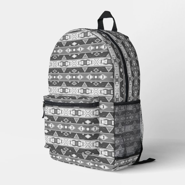 Stripes and geometric shapes grey white printed backpack (Back Corner Right)