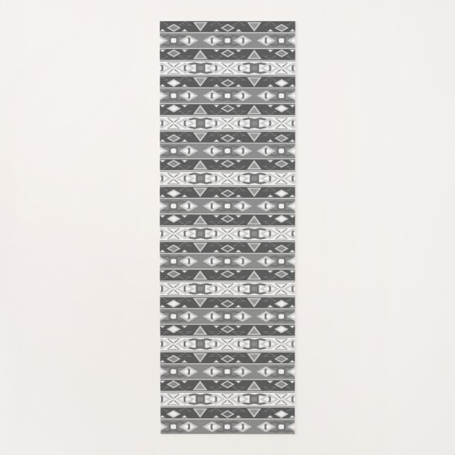 Stripes and geometric shapes grey white yoga mat (Front)