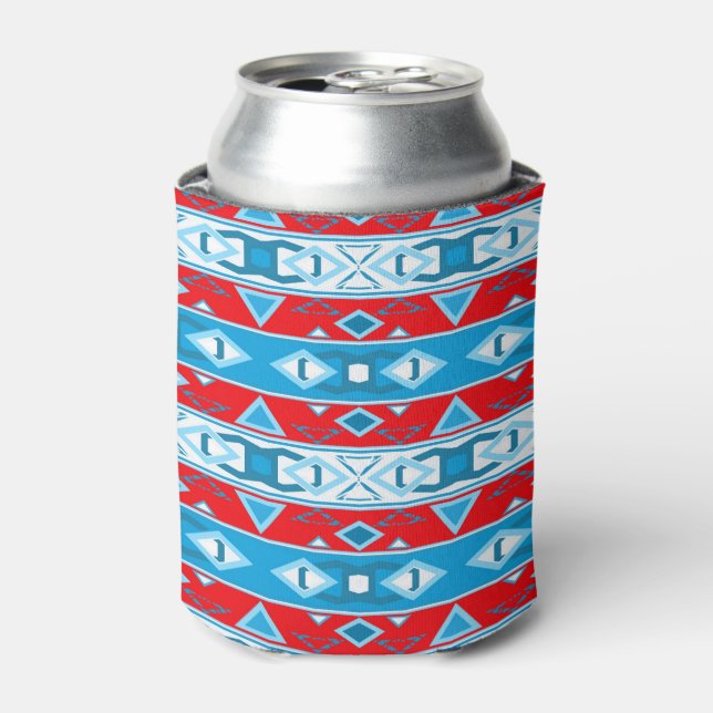 Stripes and geometric shapes of red blue white can cooler (Can Front)