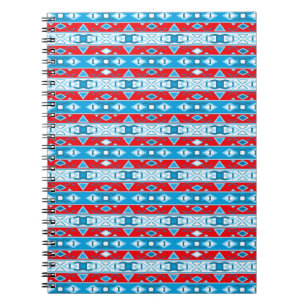 Stripes and geometric shapes of red blue white notebook