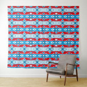 Stripes and geometric shapes of red blue white tapestry