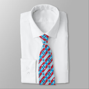 Stripes and geometric shapes of red blue white tie