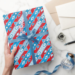 Stripes and geometric shapes of red blue white wrapping paper
