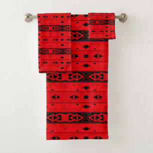 Stripes and geometric shapes red black bath towel set