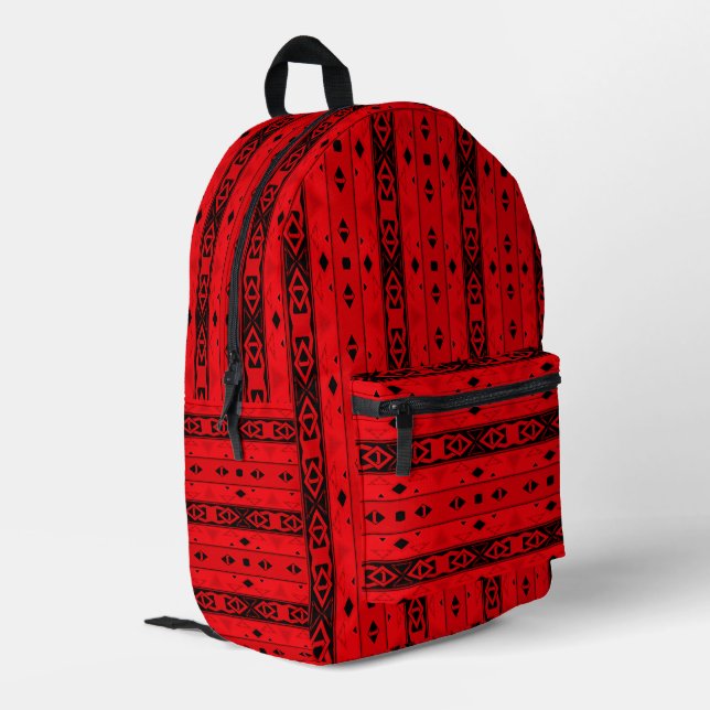 Stripes and geometric shapes red black printed backpack (Back Corner Left)