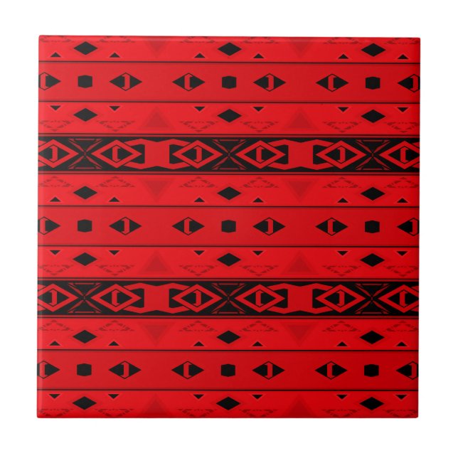 Stripes and geometric shapes red black tile (Front)