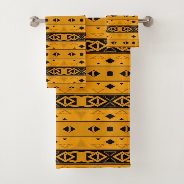 Stripes and geometric shapes yellow black  bath towel set (Insitu)