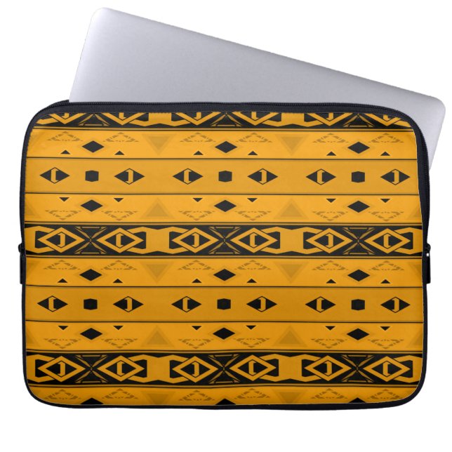 Stripes and geometric shapes yellow black  laptop sleeve (Front)