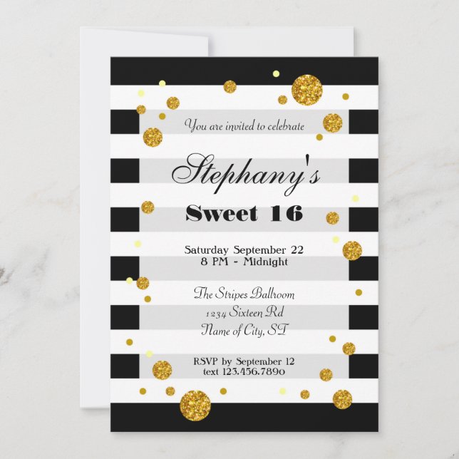 Stripes and Glitter Sweet Sixteen Invitation (Front)