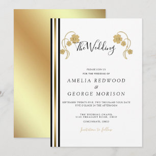 Stripes And Gold Flowers Wedding Invitation
