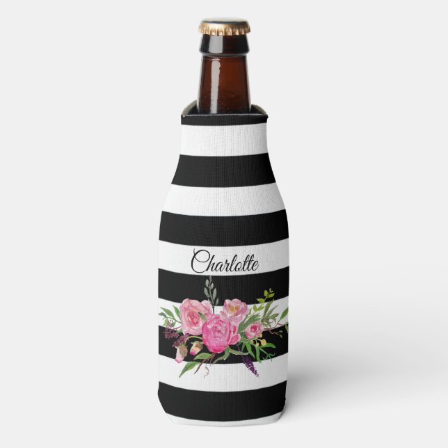 Stripes and Peonies Personalised Bottle Cooler (Bottle Front)