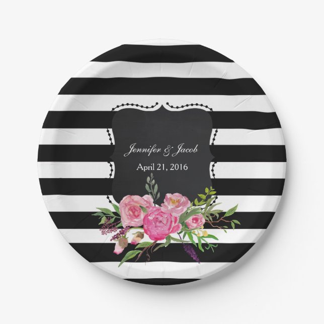 Stripes and Peonies Wedding Paper Plate (Front)